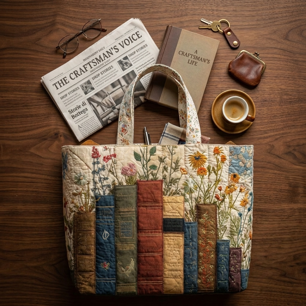 Quilted Tote with Floral Accents and Books – Perfect for Book Enthusiasts
