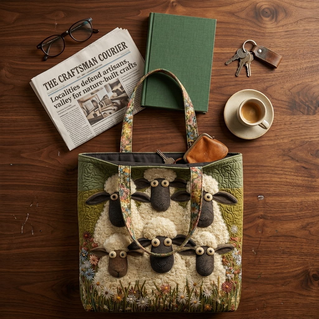 Artistic Quilted Bag Featuring Five Sheep – Available in Two Sizes