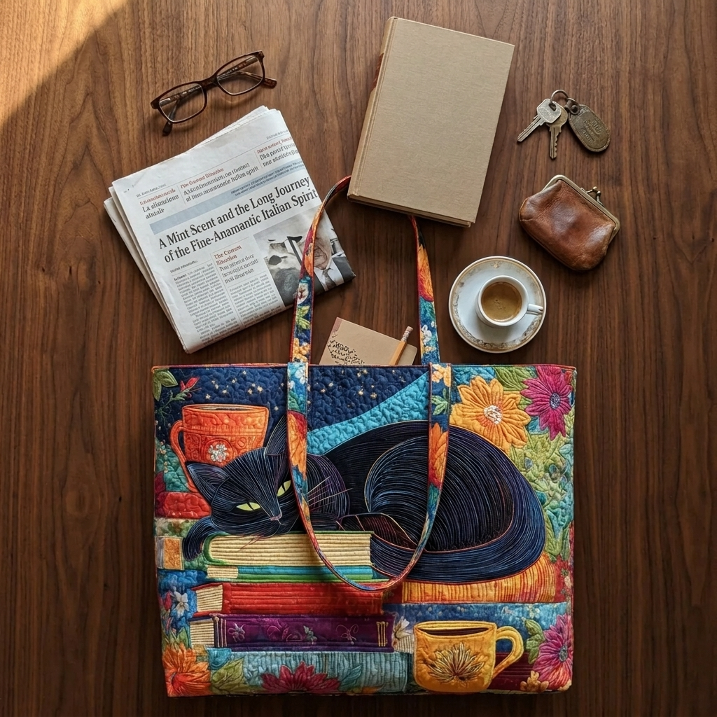 Women's Tote featuring Black Cat, Books, and Mugs – Available in Two Sizes