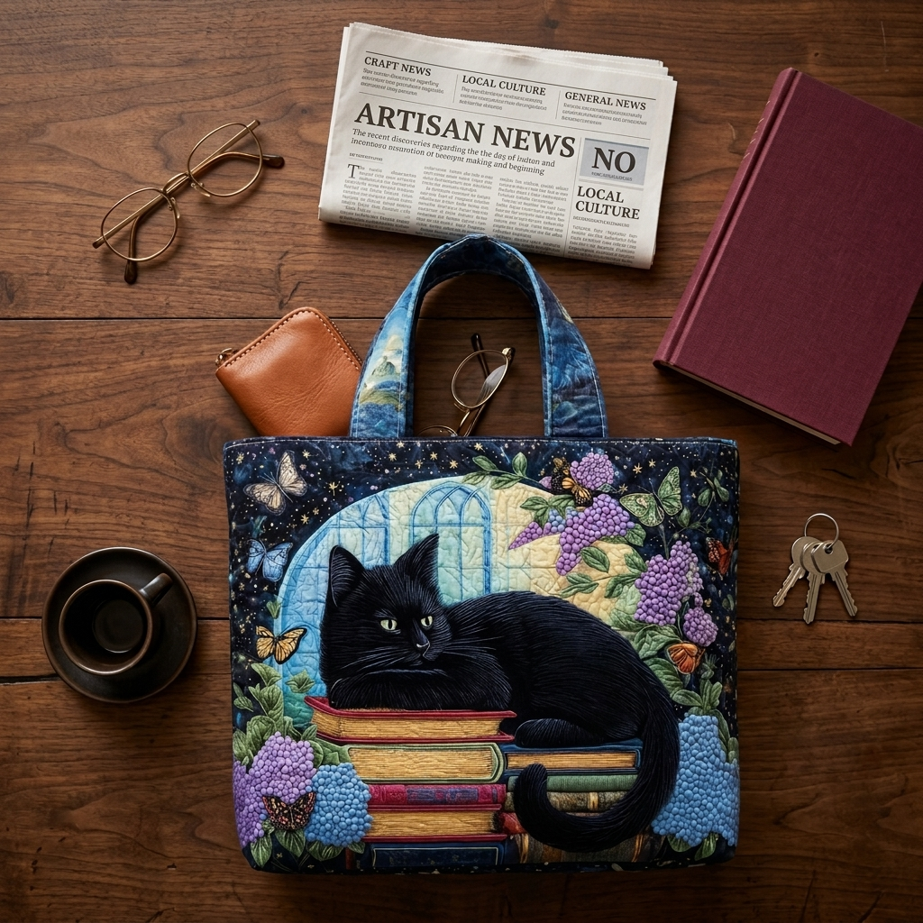 Quilted Bag Featuring Black Cat and Books – Perfect Gift Idea