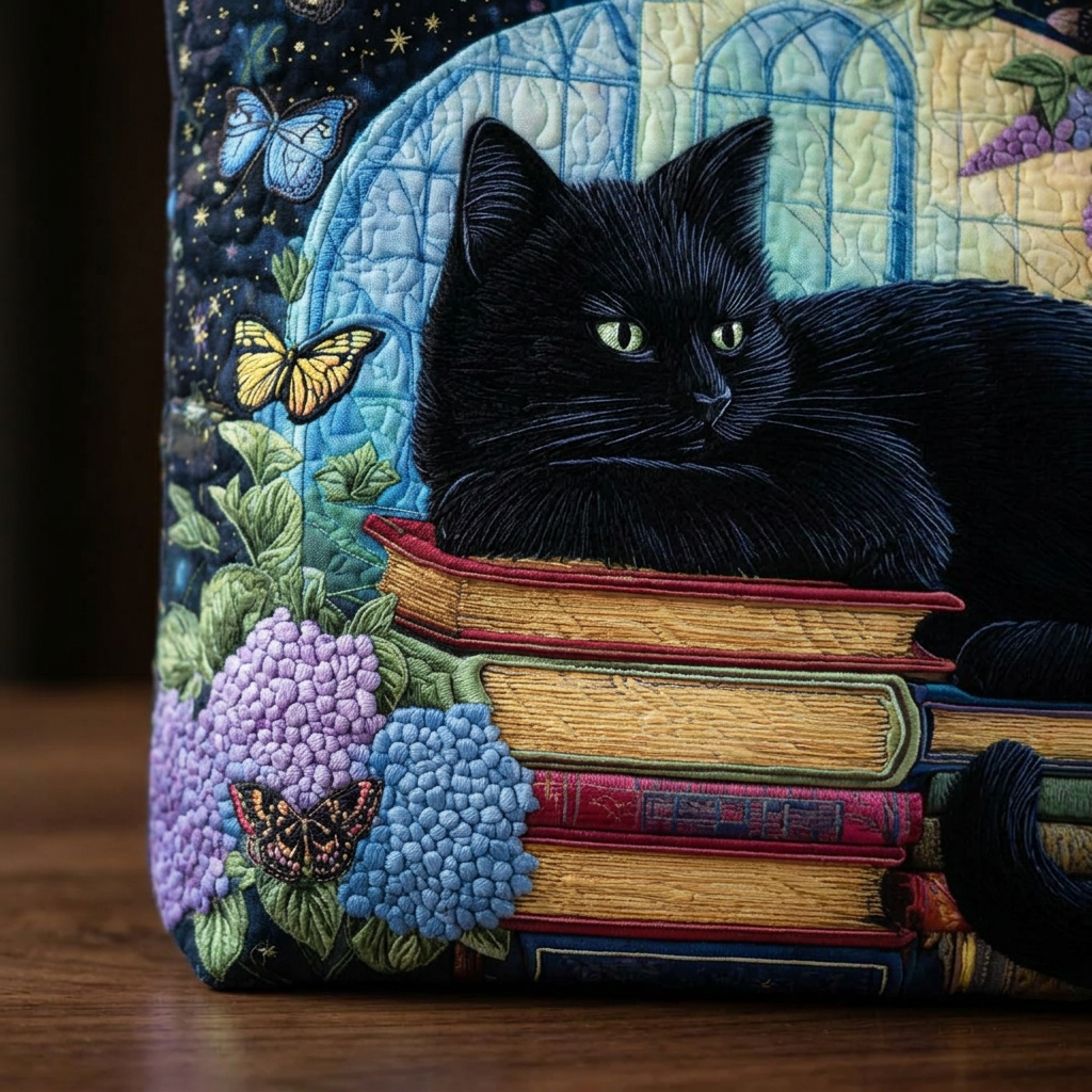 Quilted Bag Featuring Black Cat and Books – Perfect Gift Idea